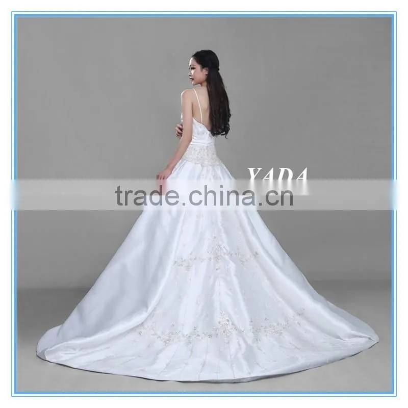 Custom Made Spaghetti Strap Douppioni Hand Embroidery and Beaded A Line Wedding Dress