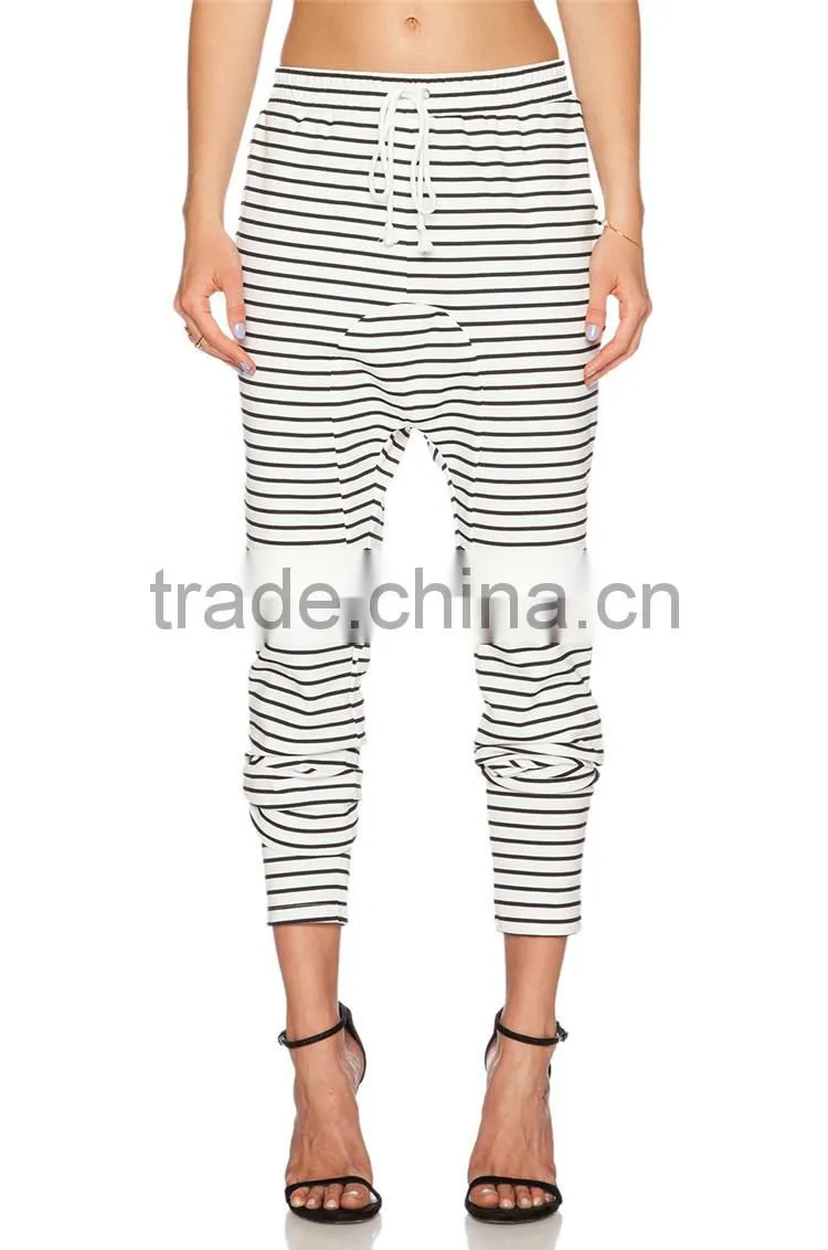 Drop crotch fashion striped drawstring jogger trousers women