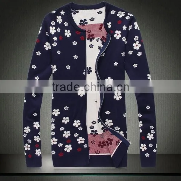 Jacquard Knitted Allover Flower Pcrew Neck Men Cardigan Sweater