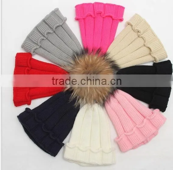 Winter Kids Fur Pom pom Hats Baby Knitted Beanie 100% Real Raccoon Fur Cap For Boy Girl