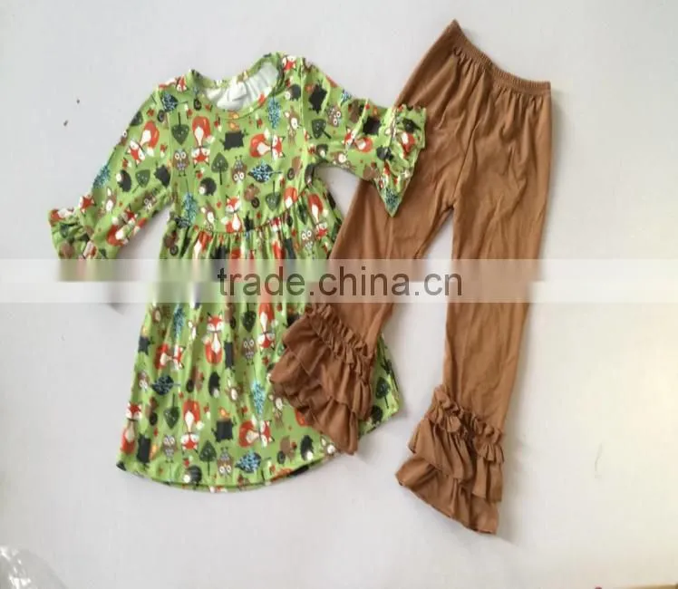 Wholesale Baby Girls Fancy Boutique Clothing Fall Printing Ruffle Top Clothing Sets Remake Outfits