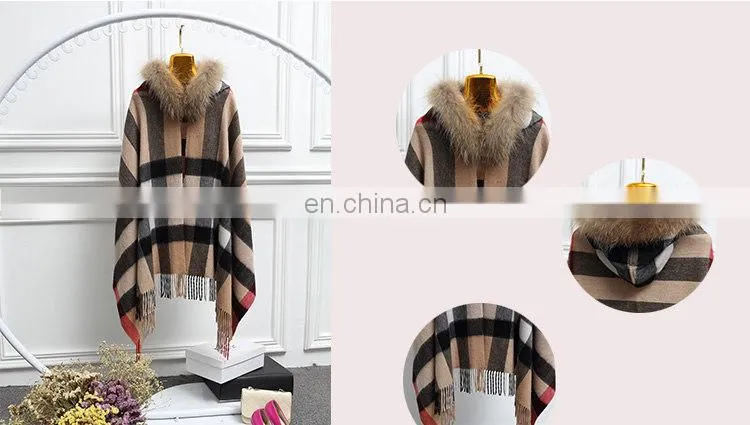 Fashion Women Real Raccoon Fur Hood Shawl Wool Cashmere Scarves Shawls
