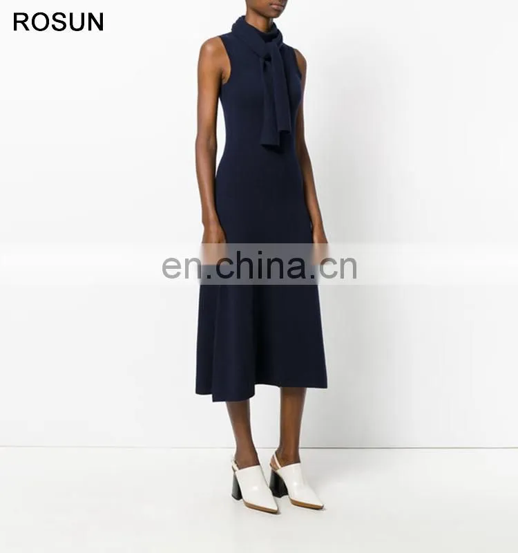 High Fashion Women 100% Wool Tie Neck Sweater Dress