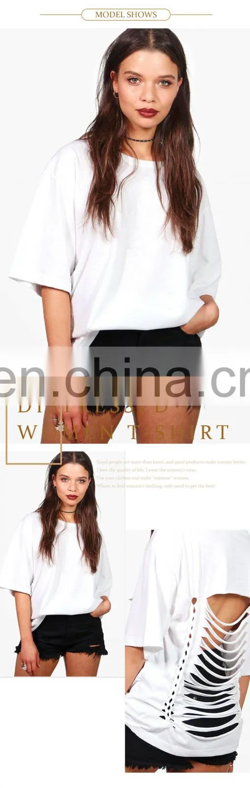 High quality 100% cotton half sleeve women distressed t shirt