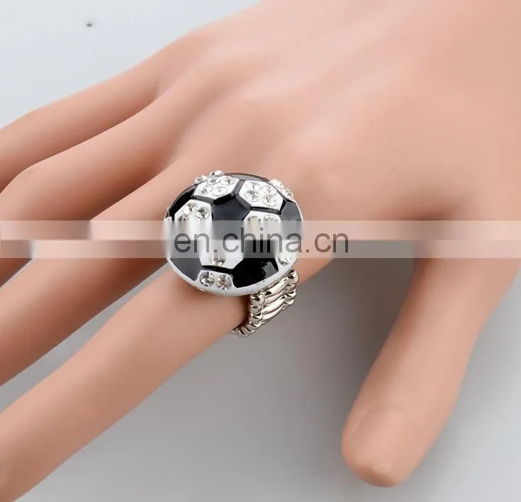 Wholesale fashion jewelry silver plating soccer rings,adjustable white rhinestone black enamel soccer rings