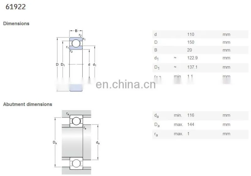Ball Bearing 61922 ZZ Thin Section Bearing 6922 Sizes 110*150*20mm