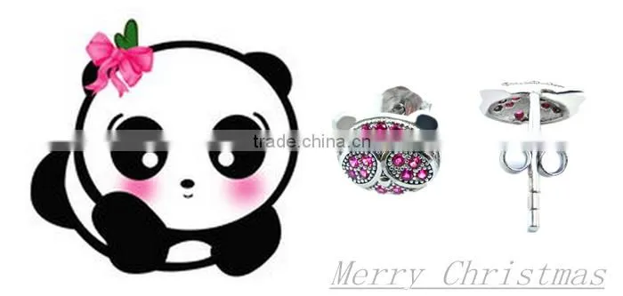 Animal jewelry for the panda head with ruby stones micro paved white gold plated stud earrings for kids