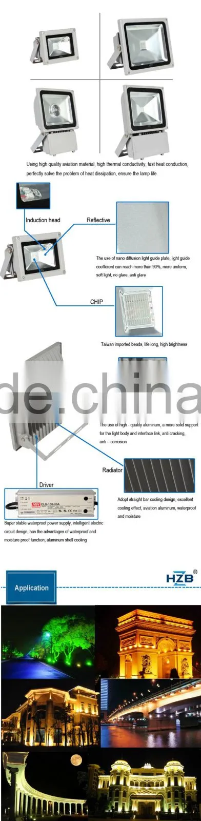 100W Waterproof IP65 Die Cast Aluminum Led RGB Flood Light 80-110LM/W with CE&ROHS