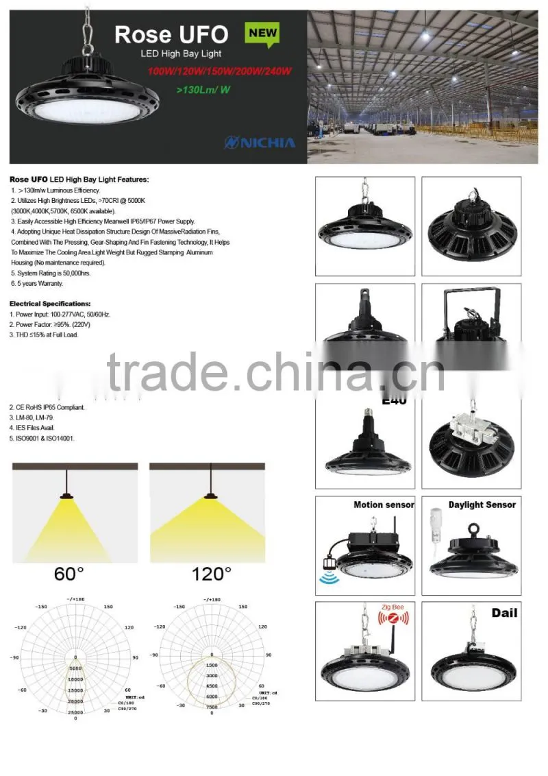 Meanwell Driver, Wireless & Motion Control, 100-140lm/W, 2016 CE Rohs Approved 100W UFO LED Industrial High Bay Lighting