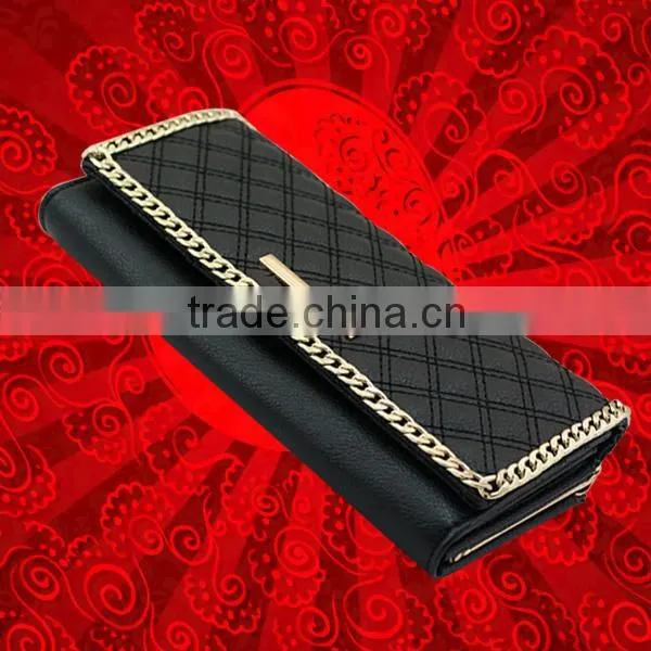 Luxury style high quality leather wallets for lady with chain and hinge design