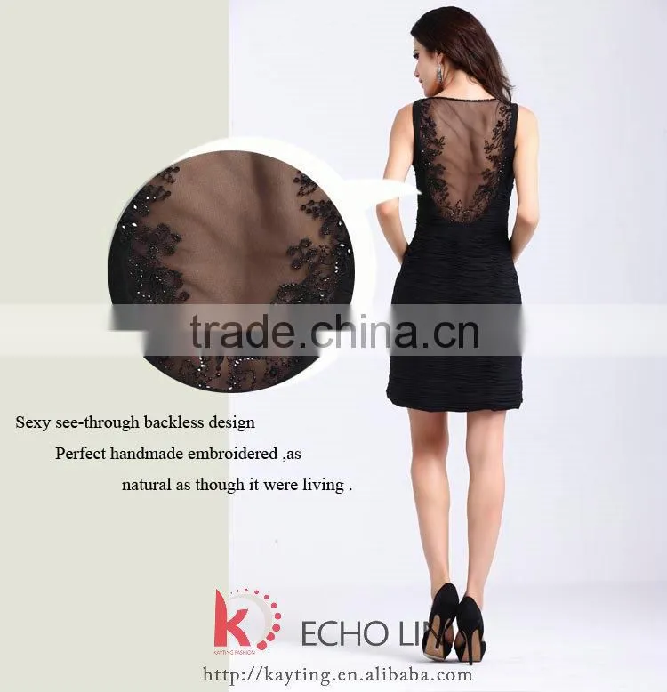 Sexy back see-through ruffle and beaded chiffon black dress