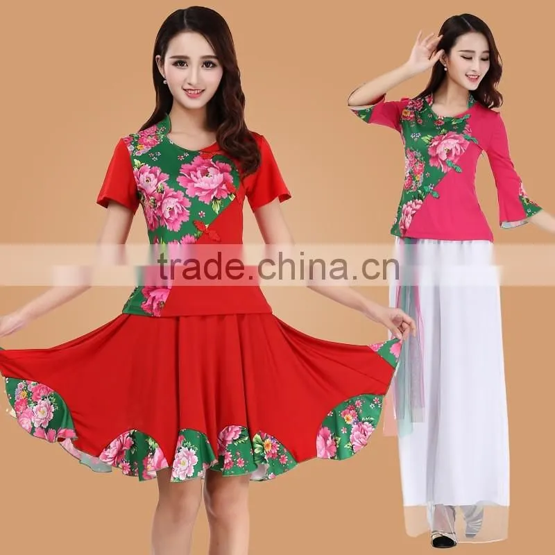 square dance dress suit Digital printing middle-aged and old spring and summer long, short-sleeved adult performance clothing