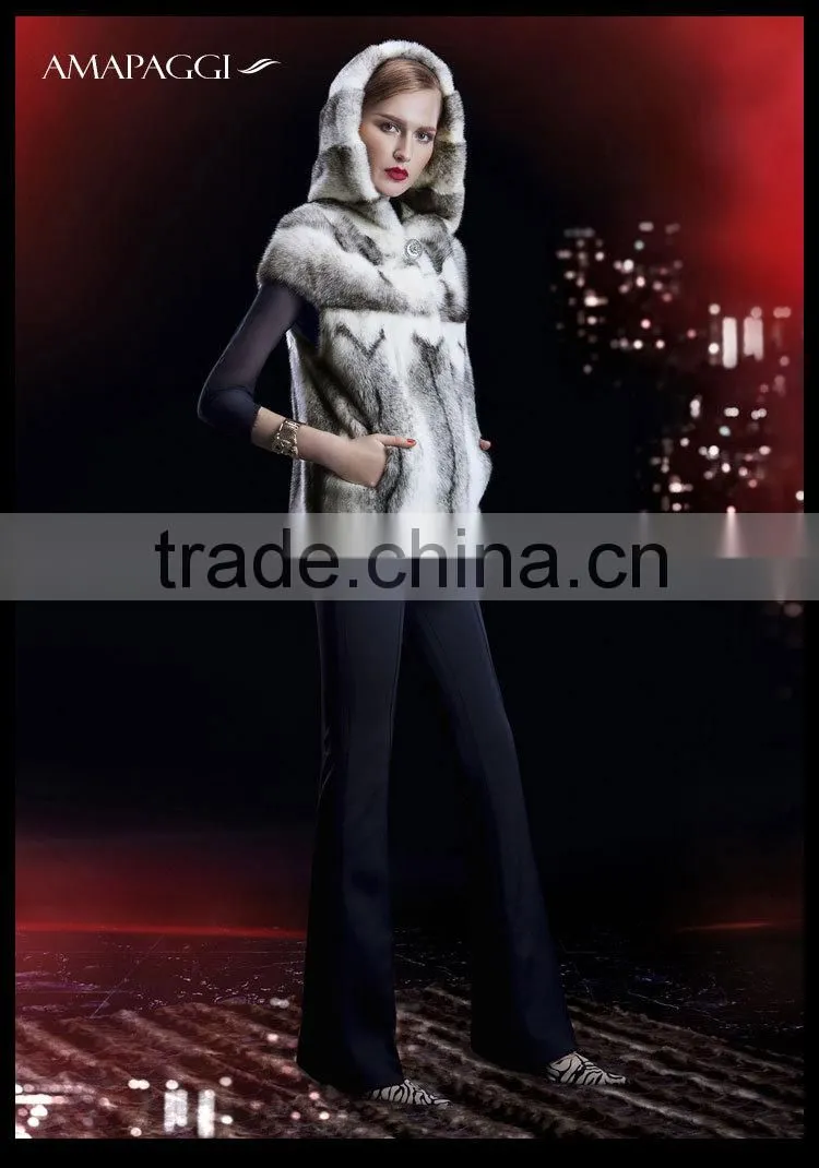 Precious winter women black cross mink fur vest with hat