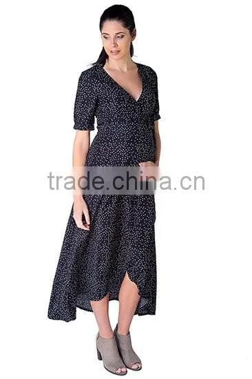 Summer print chiffon black wrap maternity dress, long maternity clothes, half sleeve maternity clothing