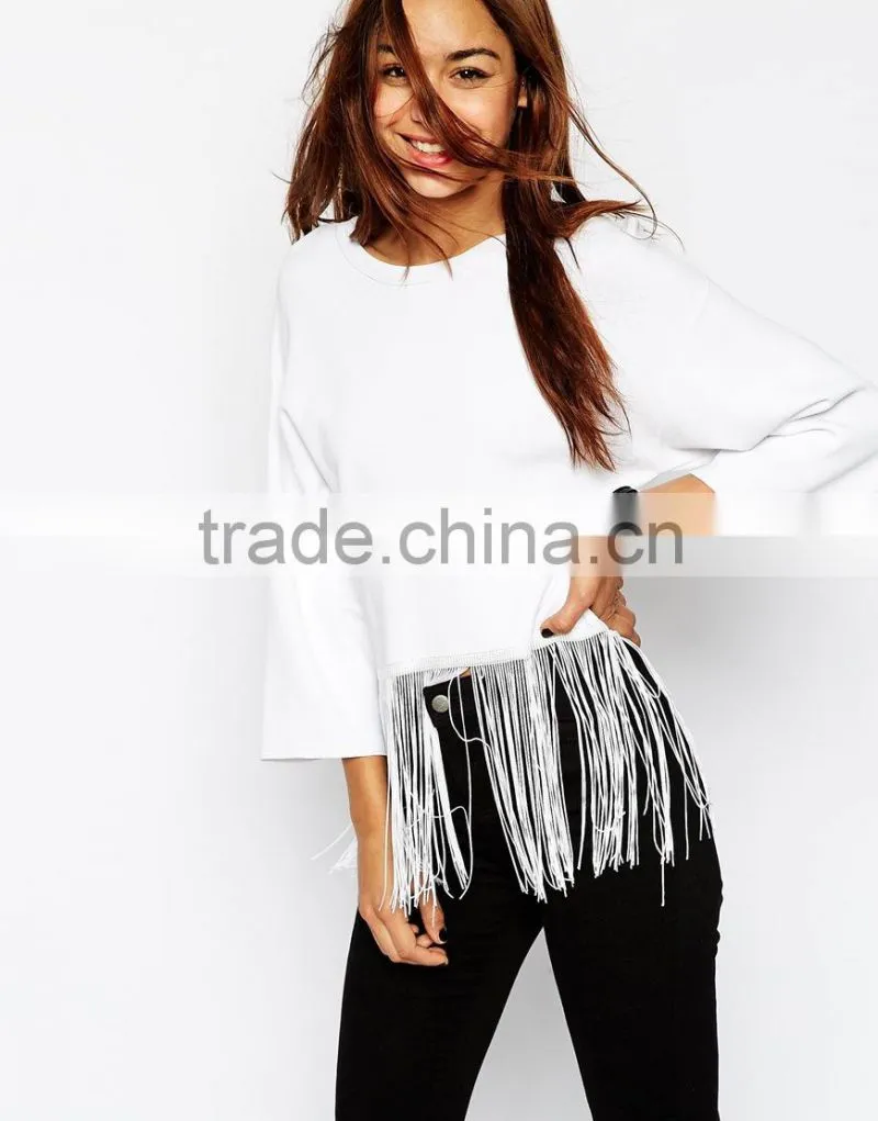 High fashion design sexy women sweater structured knit with fringing sweater