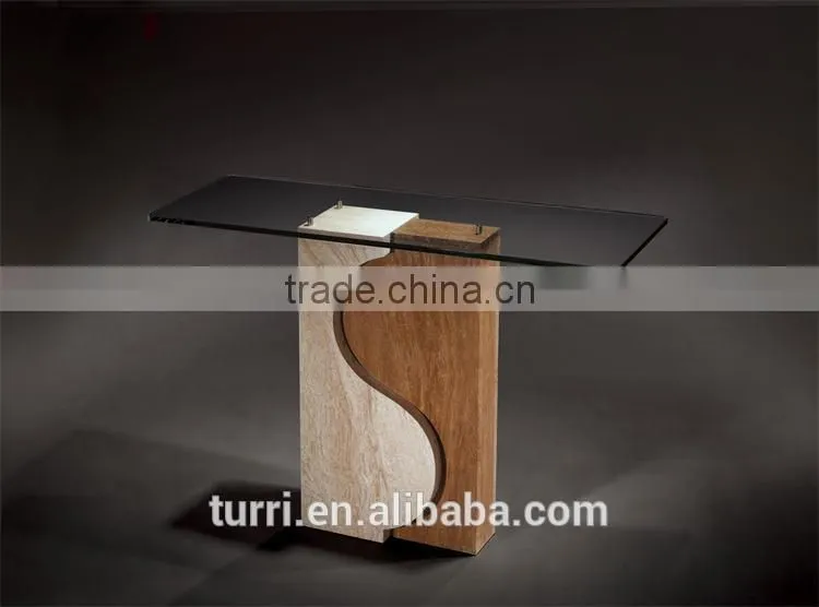 Modern austere Iran marble console table with glass top