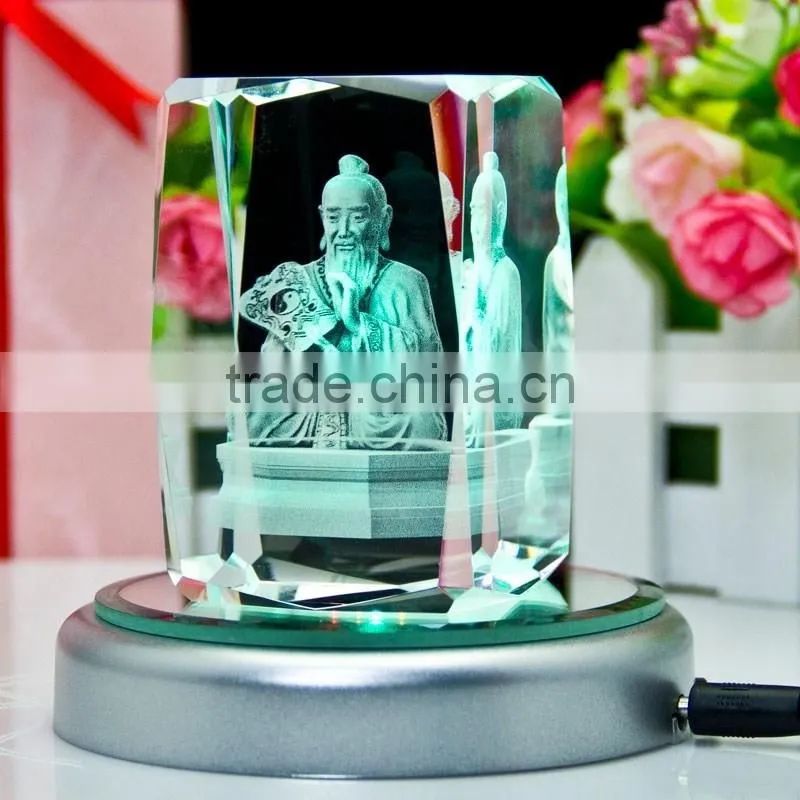 3D laser figure of buddha crystal cube souvenirs with LED light base