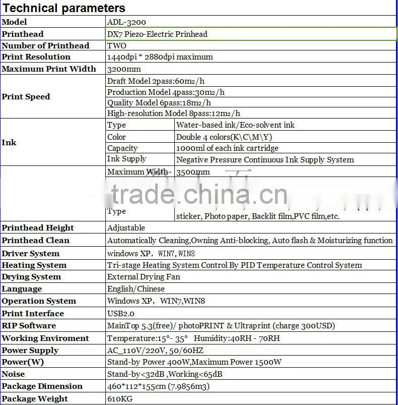 3.2m outdoor and indoor dx7 head solvent printer price ,cheap solvent printer ADL-3200