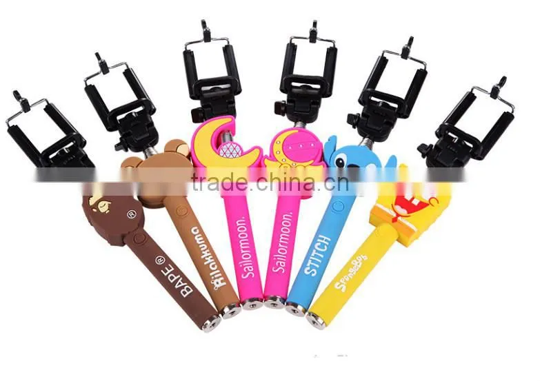 cute cartoon design handheld extendable Cable Take Pole selfie stick/ cartoon monopod