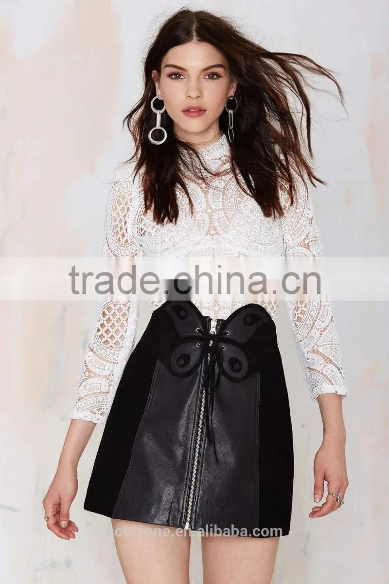 2015 vintage clothes bottom skirt fly front leather women skirt