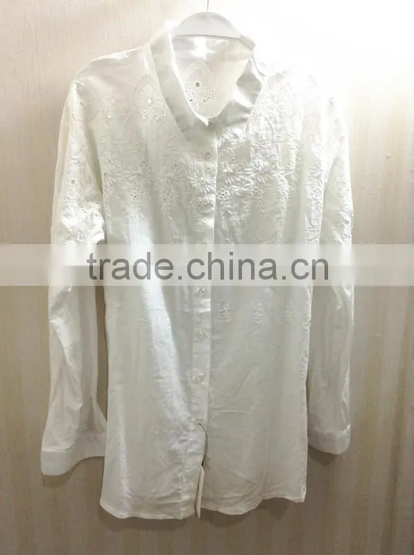 Embroidery floral chiffin white round neck long sleeve women blouse casual