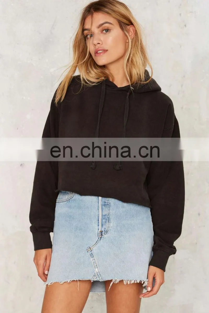 Wholesale Custom Oversized Long Sleeve Pullover Black Cropped Hoodie