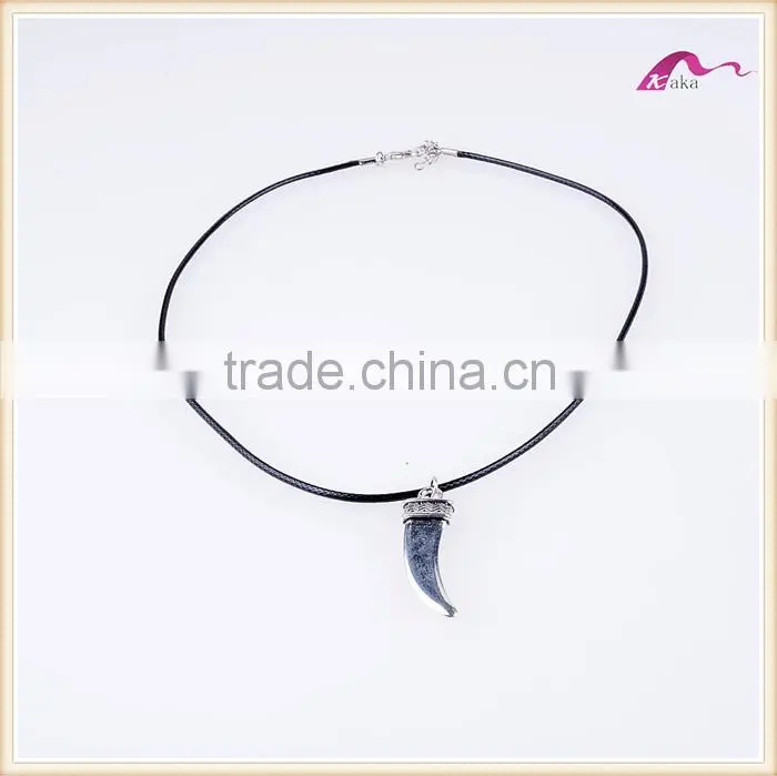 Fashion Wholesale Leather Rope Silver Horn Pendant Choker Necklace