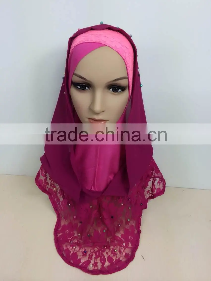 A390 Newest 2015 lace chiffon pearl islamic scarf hijab MUSLIM 2 PIECEs LONG HIJAB