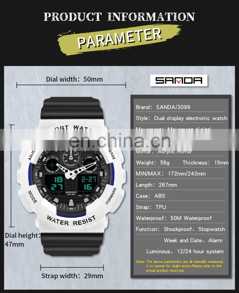 SANDA 3099 Lover's Sanda Couples Digital Quartz Watch Sport Watches LED 50M Waterproof Casual Shock Male Clock China Plastic