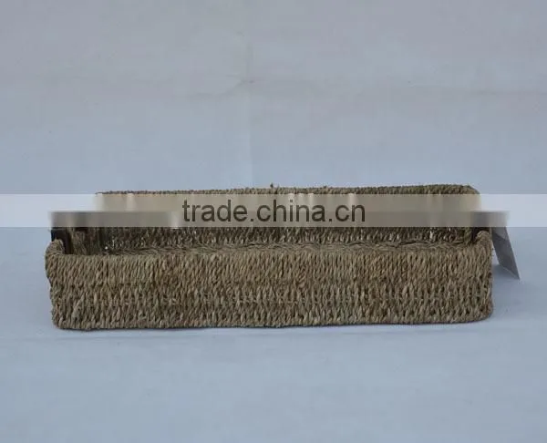 rectangular seagrass woven chocolate packaging food tray with wood handle