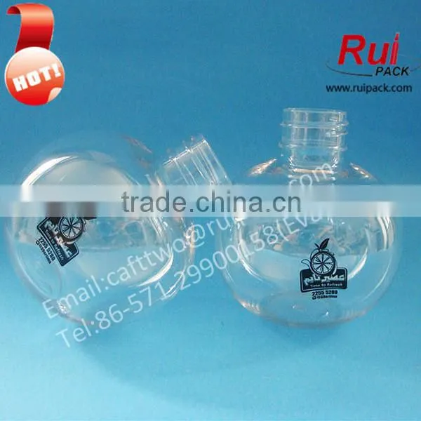 Hot! Long thin plastic PET bottle with aluminum cap for beverage/drink, clear PET juice bottle