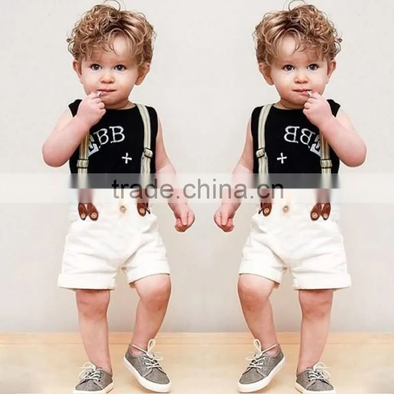 2016 Western baby boys sleeveless suits European style letters T shirt + shorts + suspenders handsome three-piece cloth set