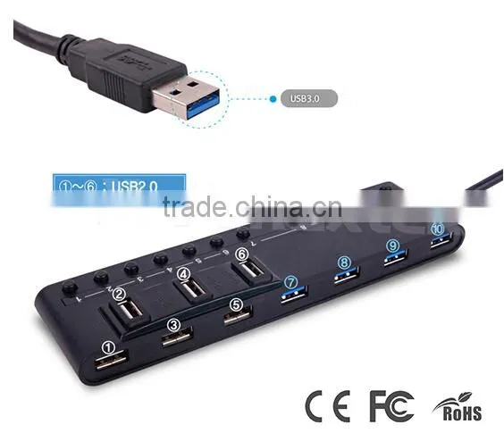 High Speed USB3.0 4 Port & USB2.0 6 Port Hub with Individual Switch