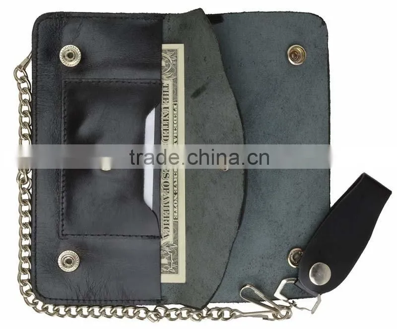 Mens Genuine Leather Large Trucker Chain Wallet With Button Closure