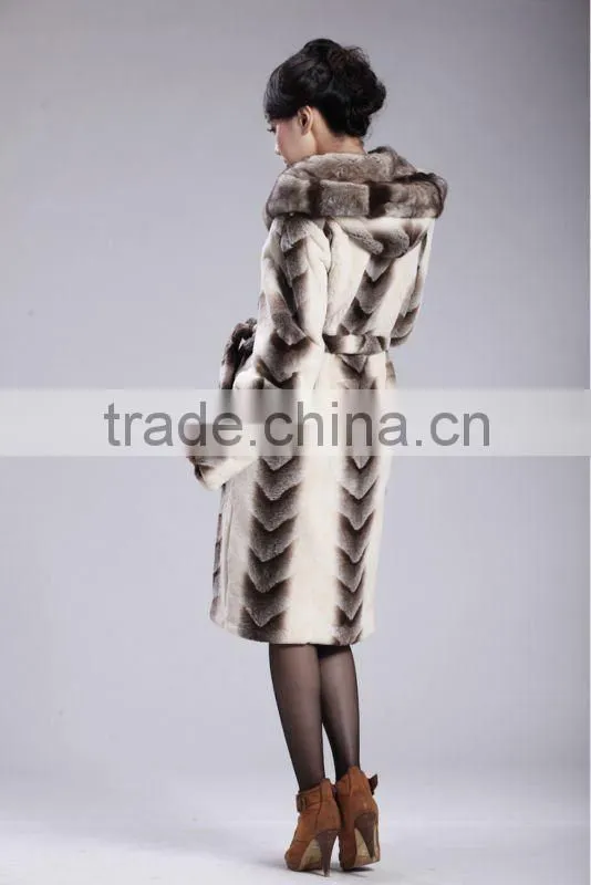 Grey mink hooded dyed rex rabbit fur coat