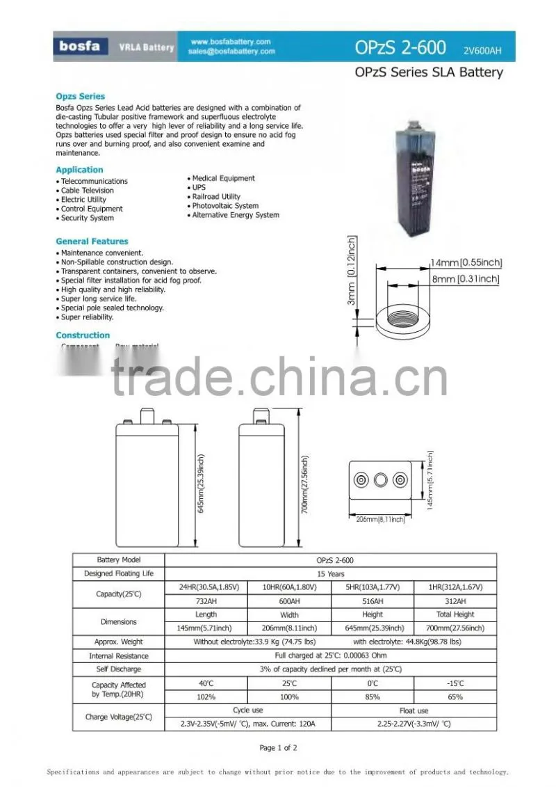 OPzS2-600 2v600ah battery opzs 2v 600ah battery lead battery plates battery 600ah 2v