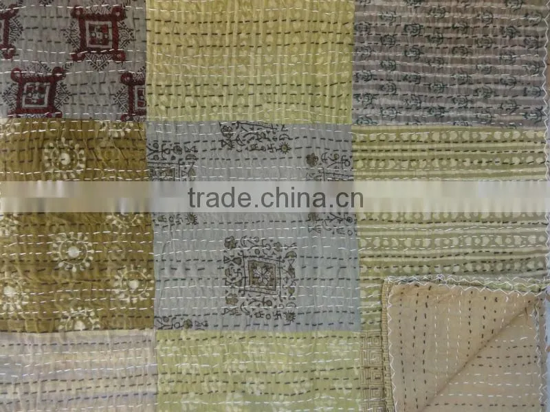 Queen Size Hand Block Print Patchwork Kantha Quilt, Cotton Bedspread