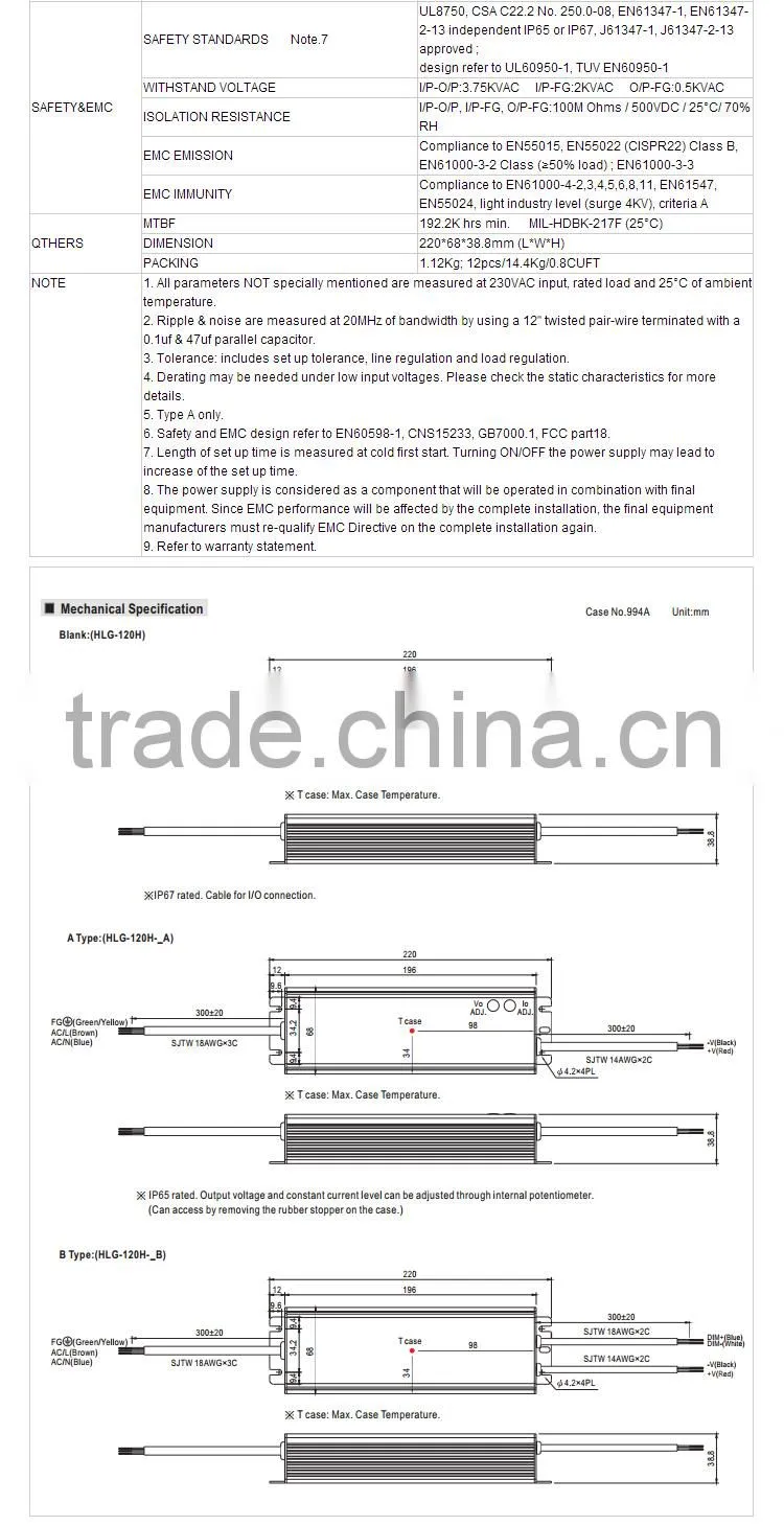 IP65 Meanwell HLG-120H-48A 120w 48v pwm dimmable led driver