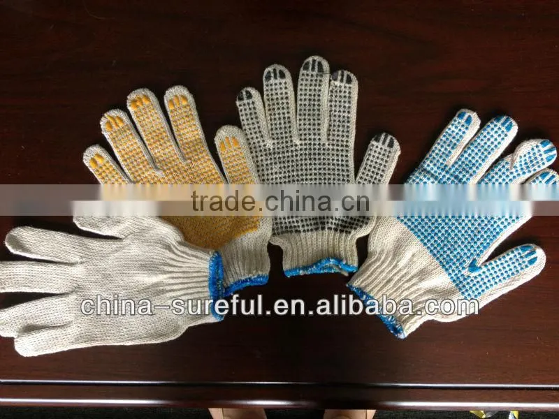 wholesale PVC glue dotted gloves, string knit pvc dot work gloves