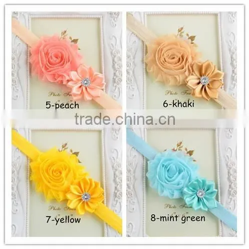 Solid grosgrain ribbon headwear, Kids Girl chiffon Flower Headband Elastic Hair Band hair tie mixed colors