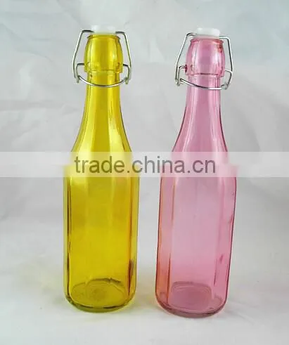 colored Edges and corners shape glass juice bottle with swing top plastic lid 1000ml &500ml &250ml