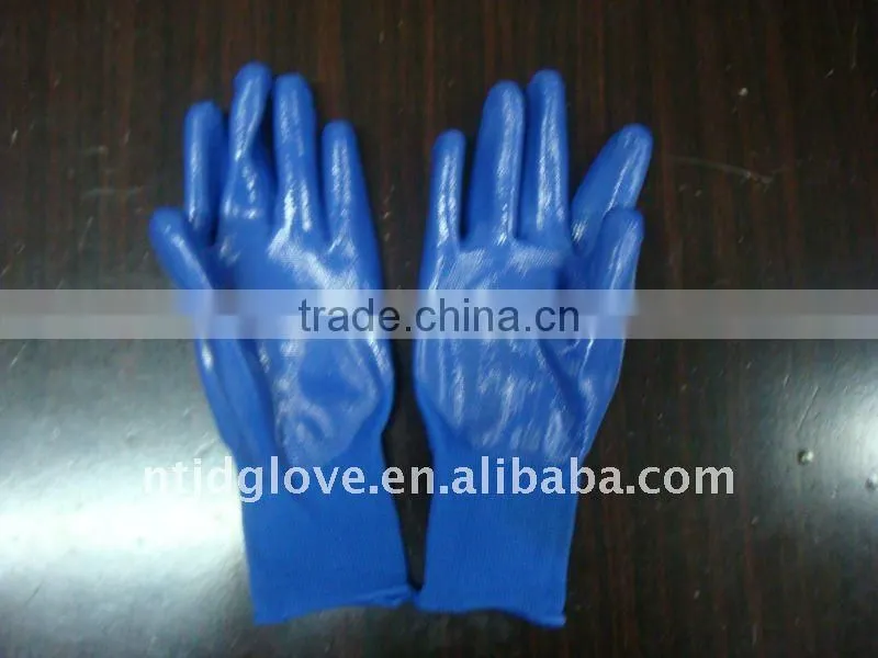 Nitirle gloves. 13G blue nylon with blue nitirle coating ,knitt wrist open back .