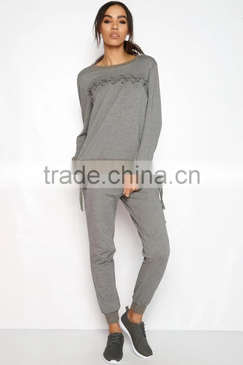 Urban Fashion Tracksuit Female Cheap Custom Grey Plain Latest Design Blank Fitted Sports Womens Tracksuits With Cross Details