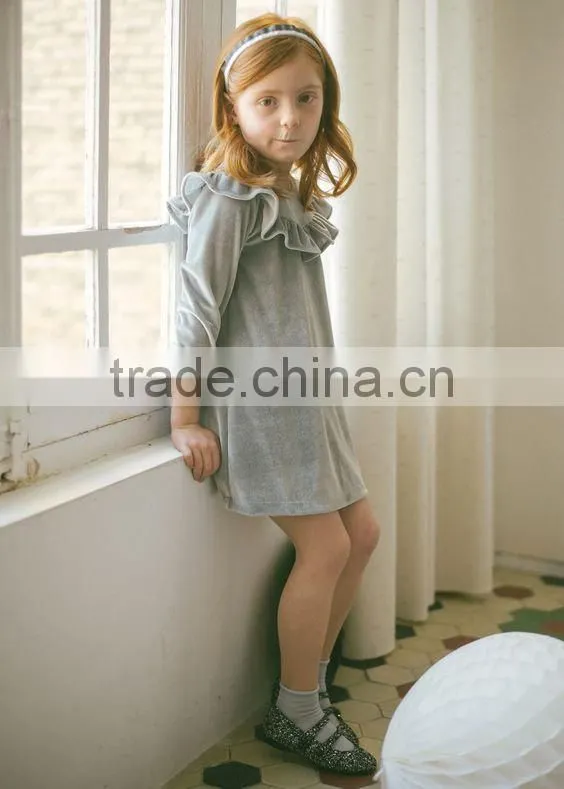 2017 new style long sleeve velour children boutique clothing kids wholesale fancy baby dress
