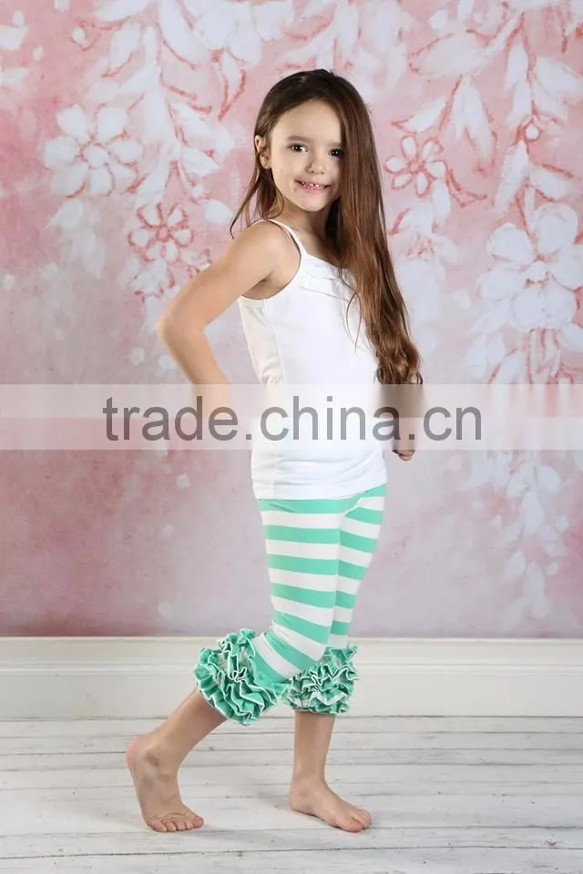 2017 Summer kids Clothing Girl's Soft Cotton Suits White cotton Camisole, green Ruffle stripe pants