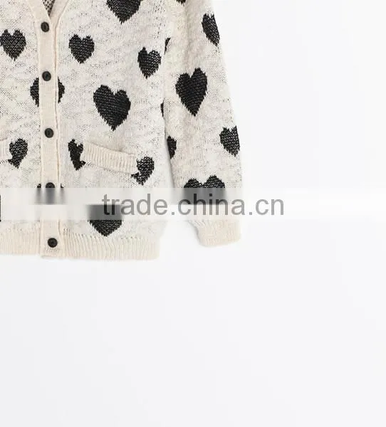 2014 Girl's sweet long sleeve heart pattern jacquard cardigan sweater