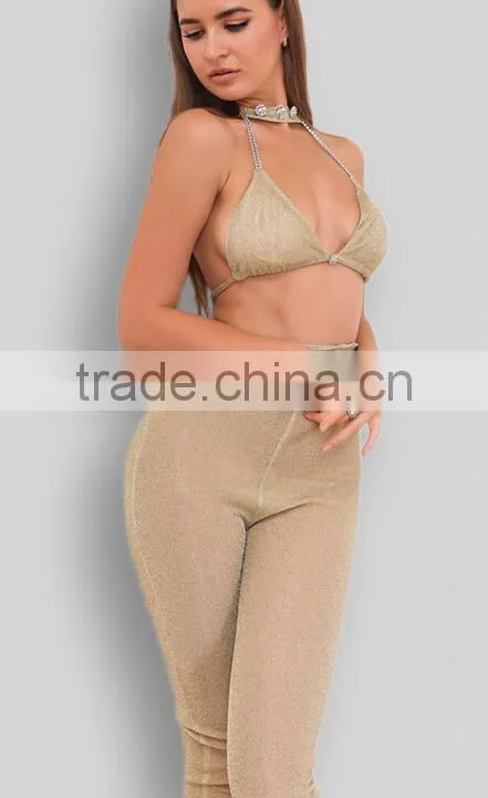 Runwaylover 078 Europe Style 2017 Ladies Sexy Beaded Crop Top And Tight Pants