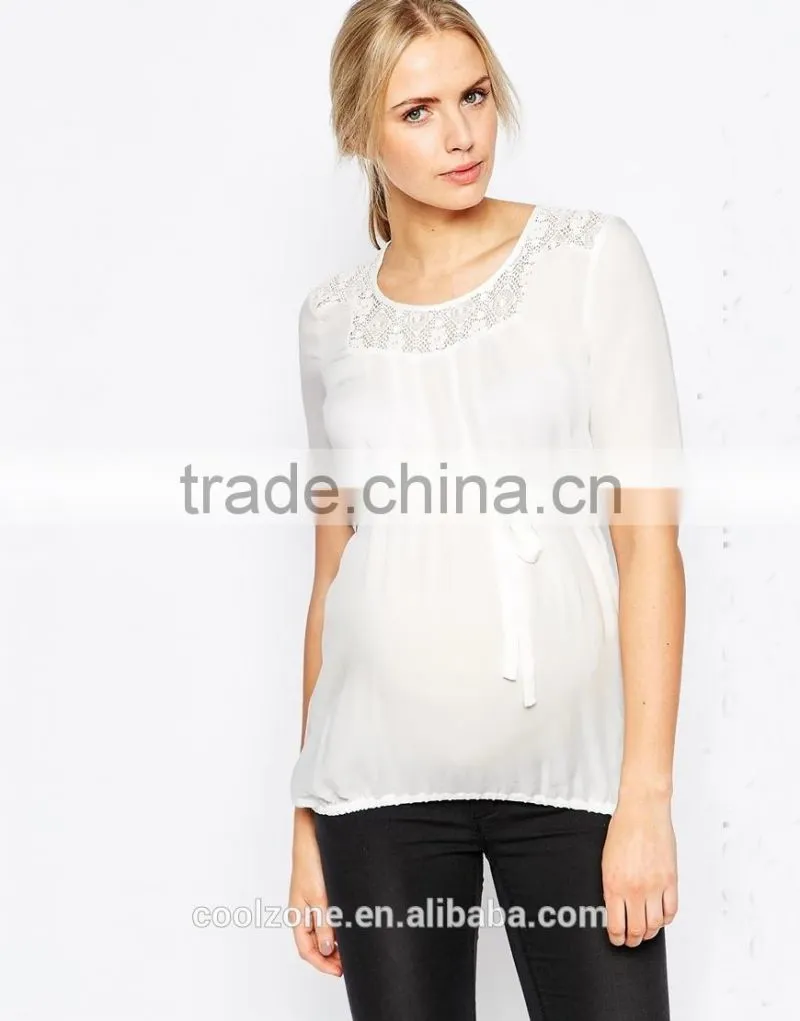 Elegant semi-sheer pleated lace detail maternity wear wholesale tank top