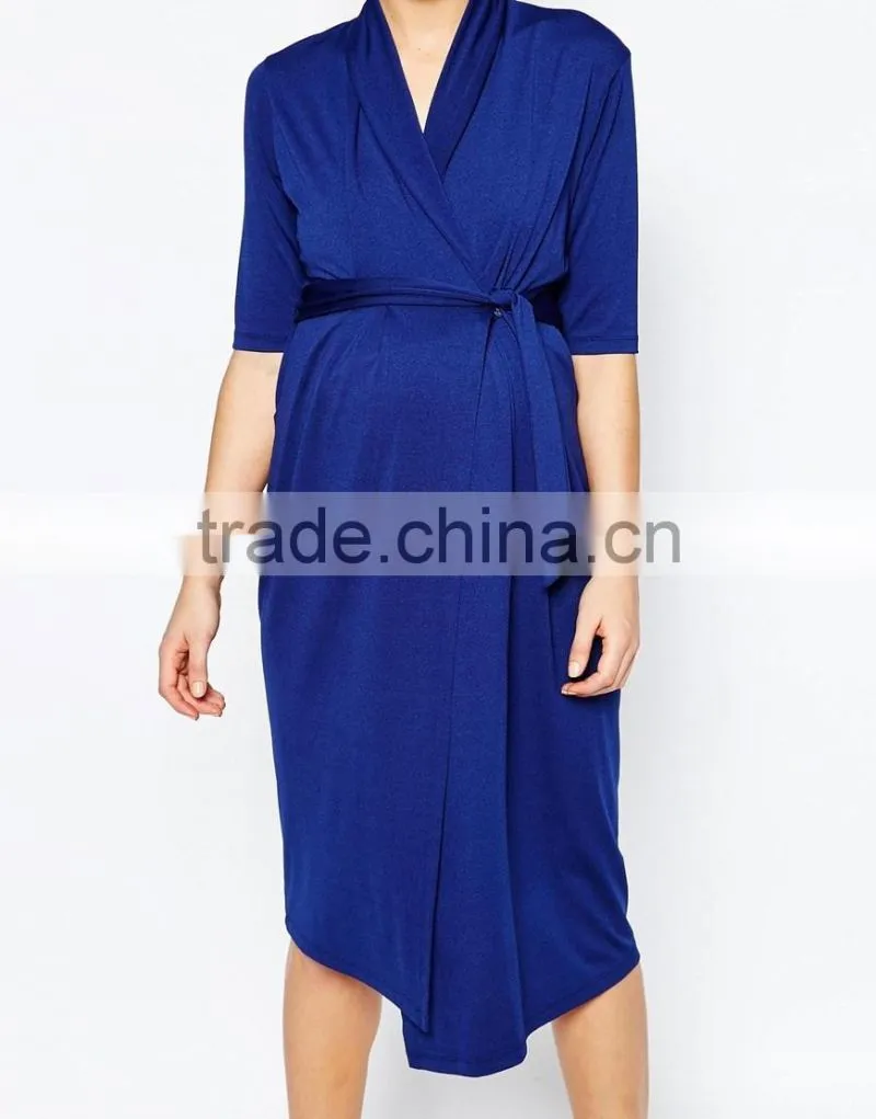 Elegant fashion fancy wiggle wrap maternity navy dress with belt