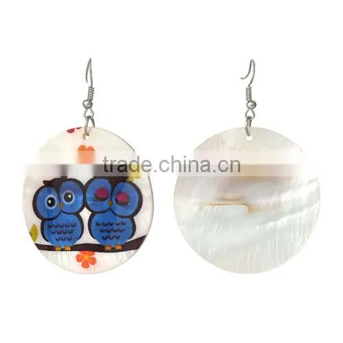 Silver Tone Hook Round Multicolor Flower Halloween Owl Pattern Fashion Shell Dangle Earrings 6.5cmx4.5cm